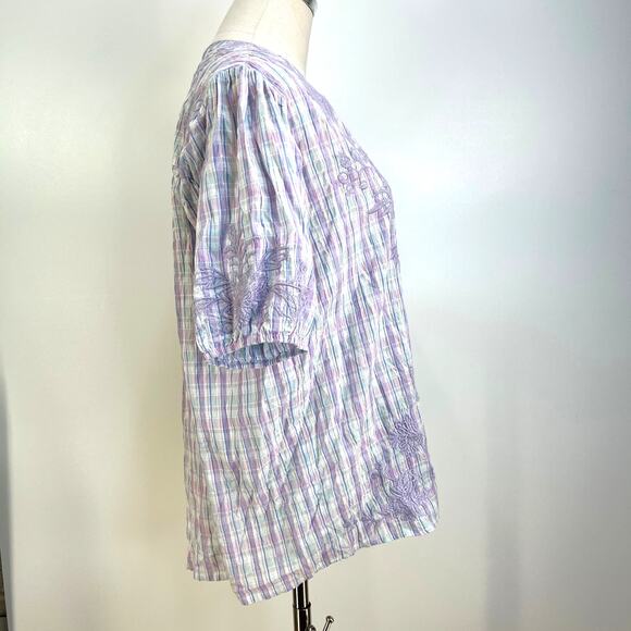 Johnny Was Malo Embroiderd Tunic Plaid Cotton Top Lilac Floral - Picture 5 of 9